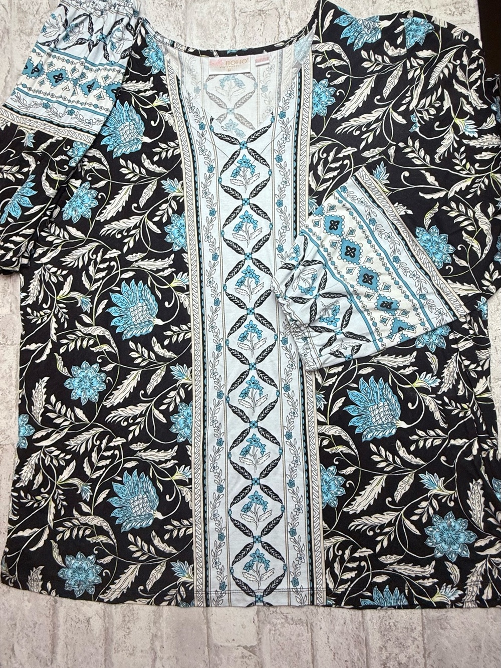 belle BOHO Peasant Blouse Sz L Black Blue White Floral Scoop Neck 3/4 Stretch 😍